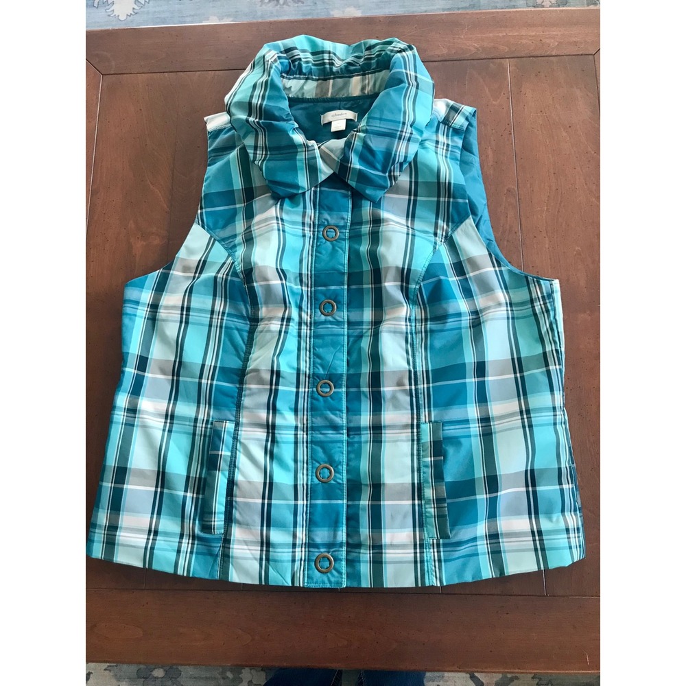 CJ Banks Womens Plus 1X Teal Plaid Puffer Vest Portrait Collar Snap Front‎ Outer